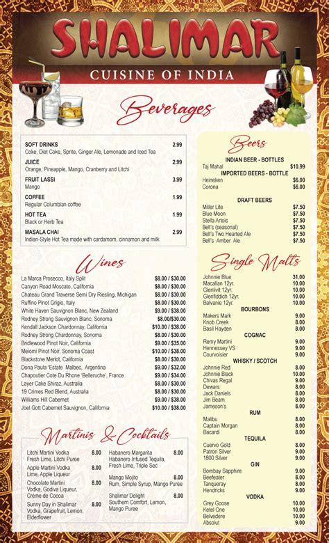 shalimar catering menu